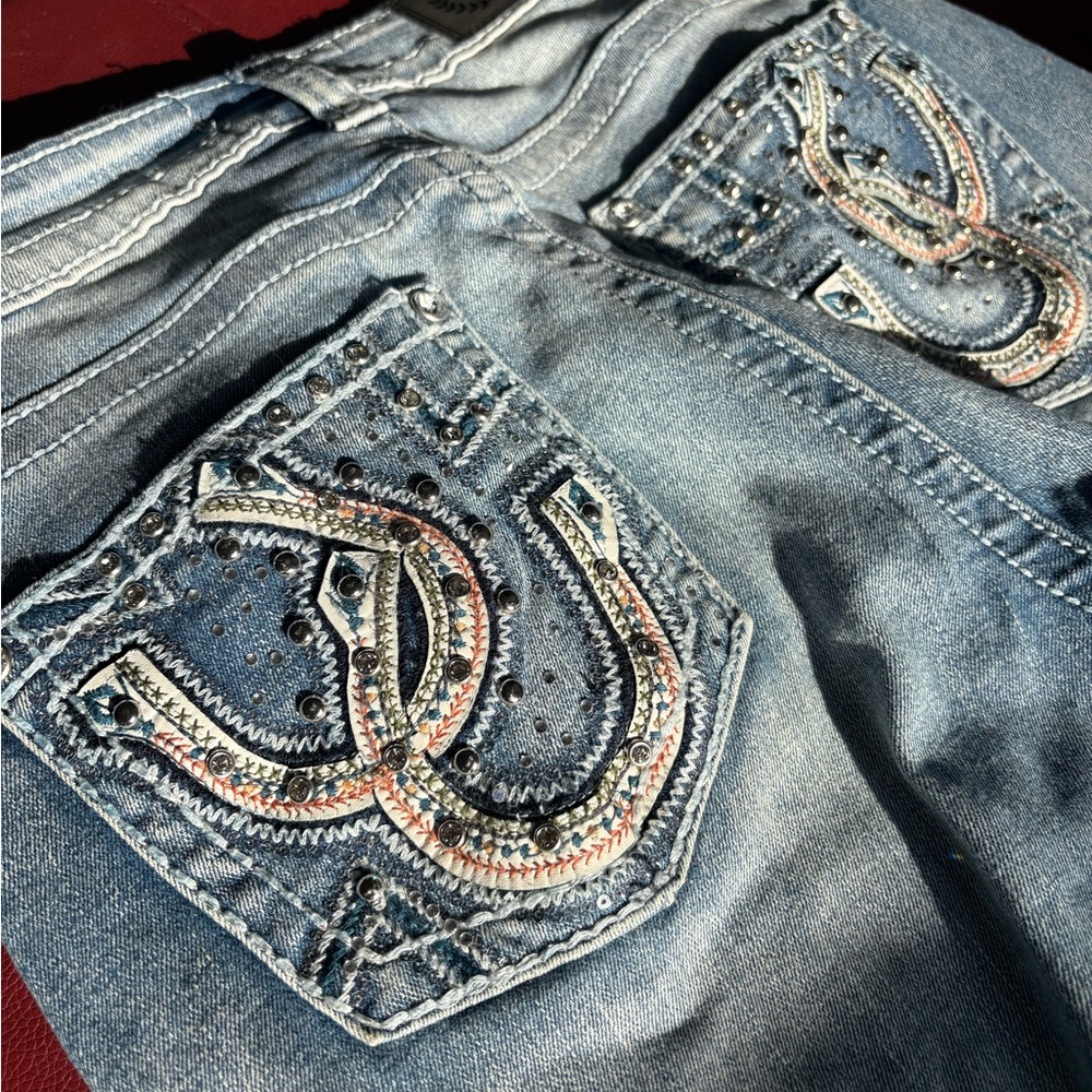 Light Blue Embellished Wide Leg Jeans